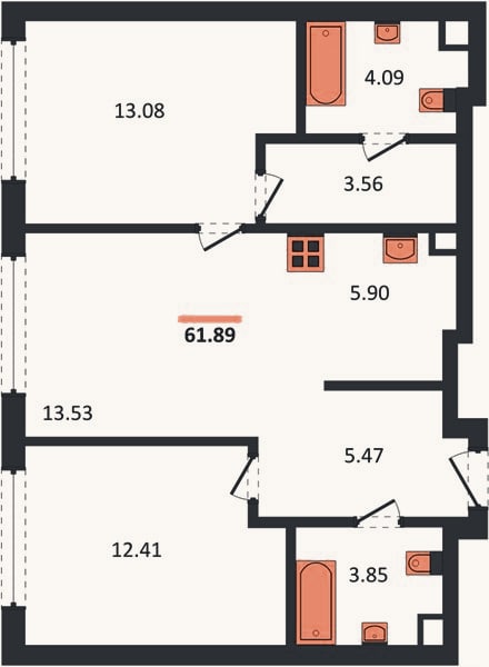 Планировка: 2-к, 61,9 м²