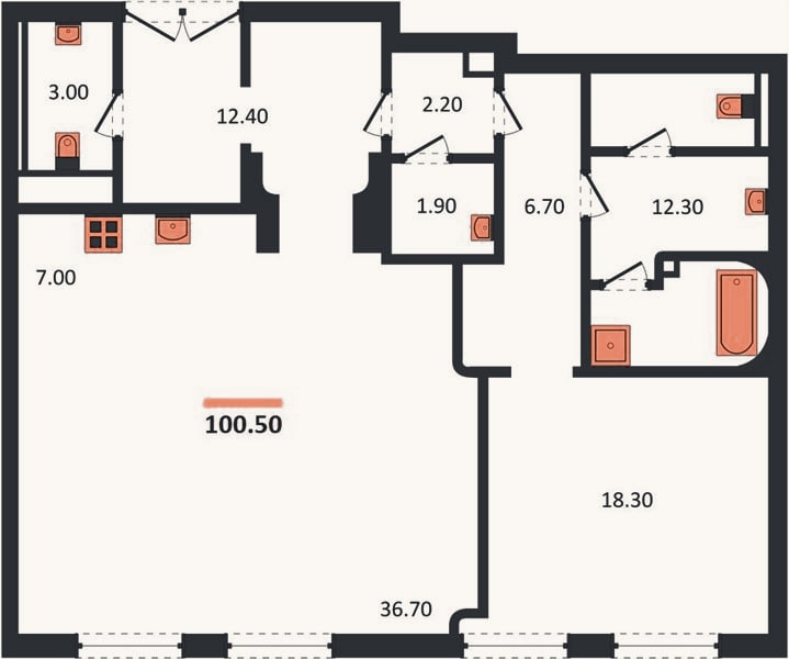 Планировка: 1-к, 100,5 м²