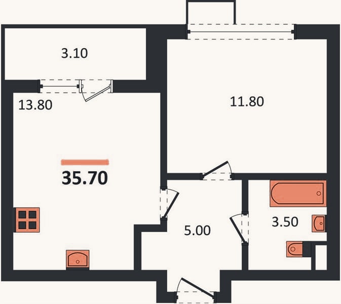 Планировка: 1-к, 35,7 м²