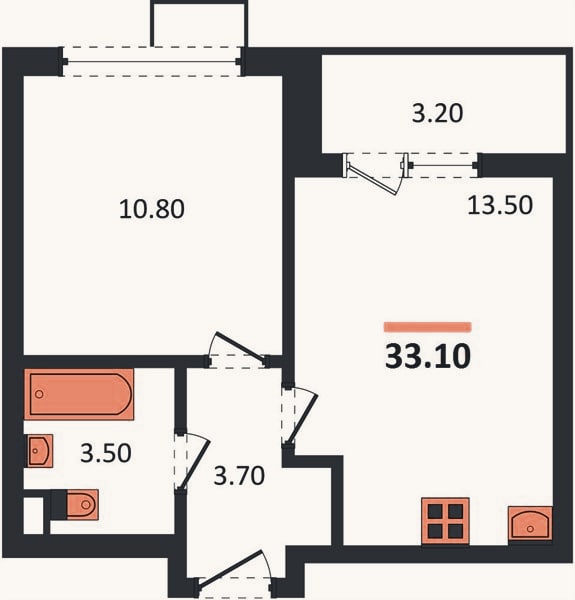 Планировка: 1-к, 33,1 м²