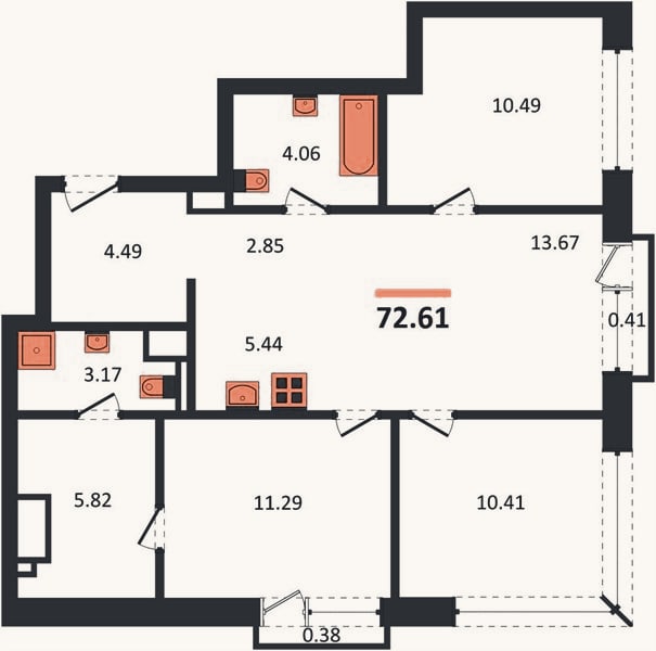 Планировка: 3-к, 72,6 м²