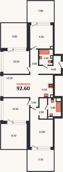 Планировка: 4+ к, 92,6 м²
