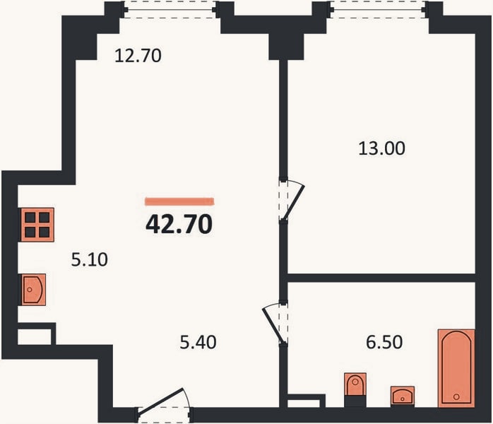 Планировка: 1-к, 42,7 м²