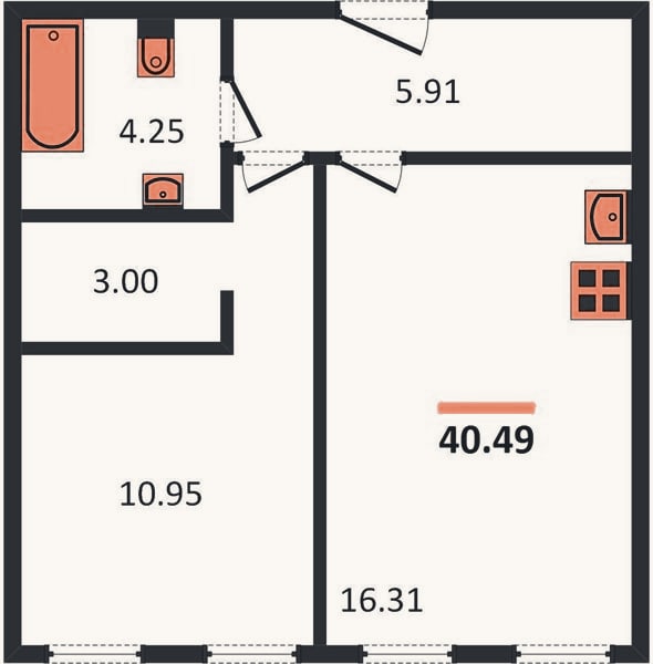 Планировка: 1-к, 40,5 м²