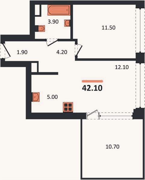 Планировка: 1-к, 42,1 м²