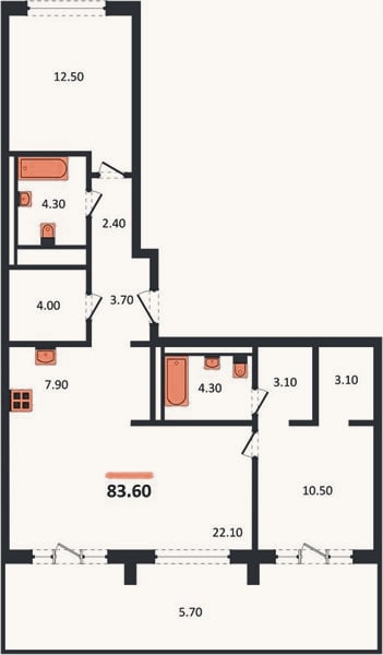 Планировка: 2-к, 83,6 м²