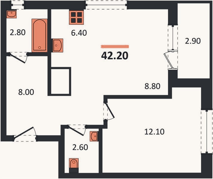 Планировка: 1-к, 42,2 м²