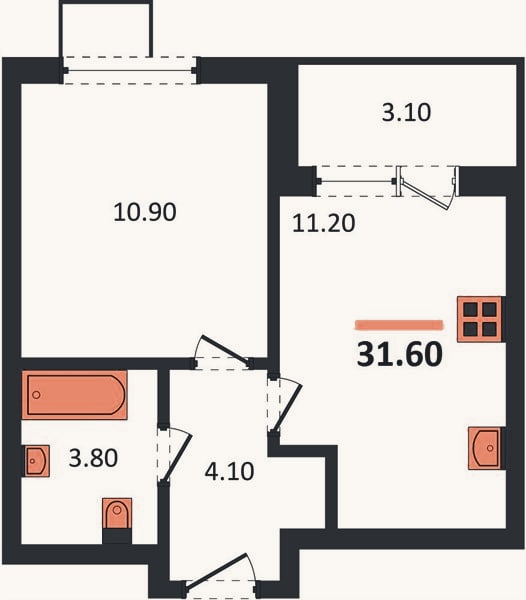 Планировка: 1-к, 31,6 м²