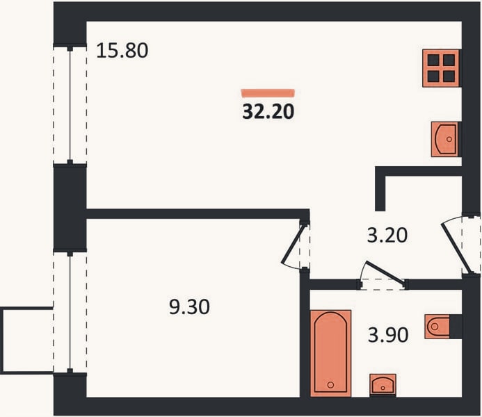 Планировка: 1-к, 32,2 м²