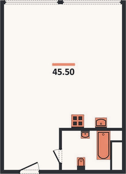 Планировка: 1-к, 45,5 м²