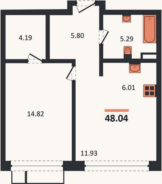 Планировка: 1-к, 48 м²