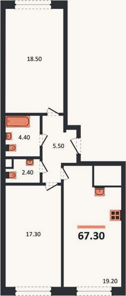 Планировка: 2-к, 67,3 м²