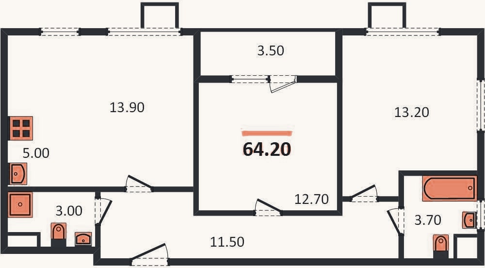 Планировка: 2-к, 64,2 м²