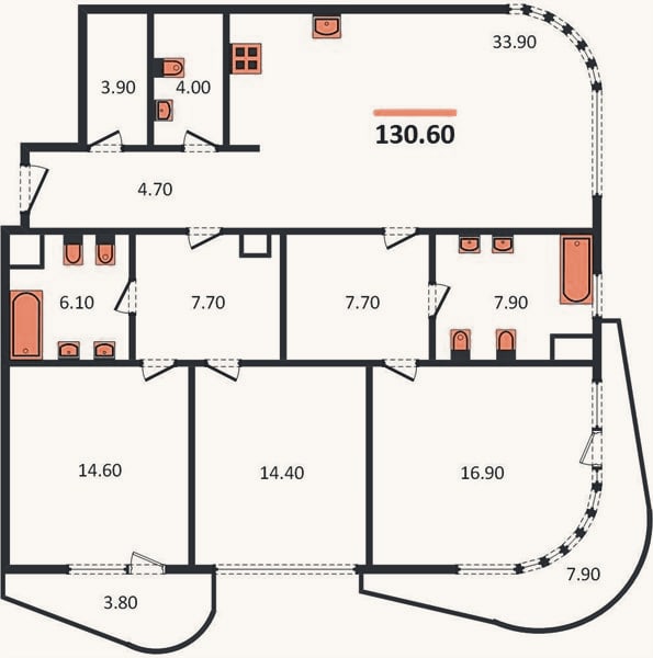 Планировка: 3-к, 130,6 м²