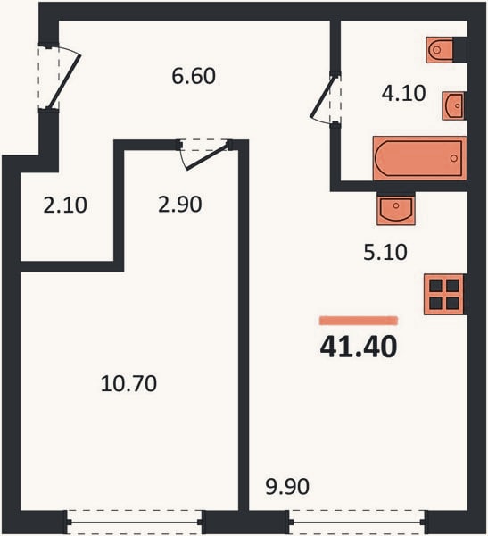 Планировка: 1-к, 41,4 м²