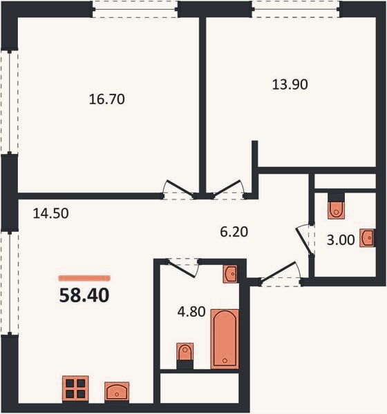 Планировка: 2-к, 56,1 м²