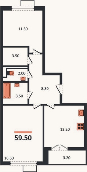 Планировка: 2-к, 59,5 м²