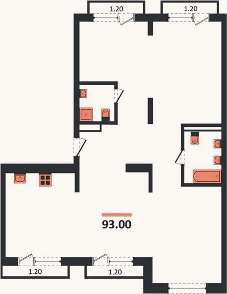 Планировка: 3-к, 93 м²