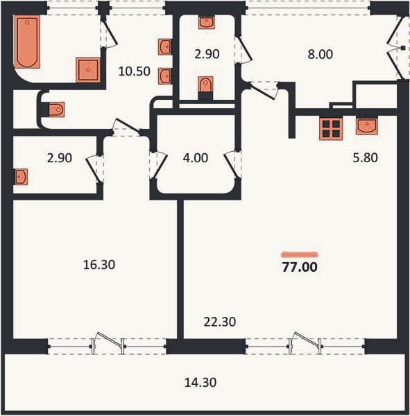 Планировка: 1-к, 77 м²
