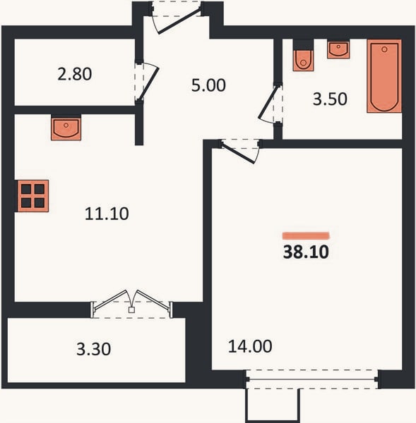Планировка: 1-к, 38,1 м²