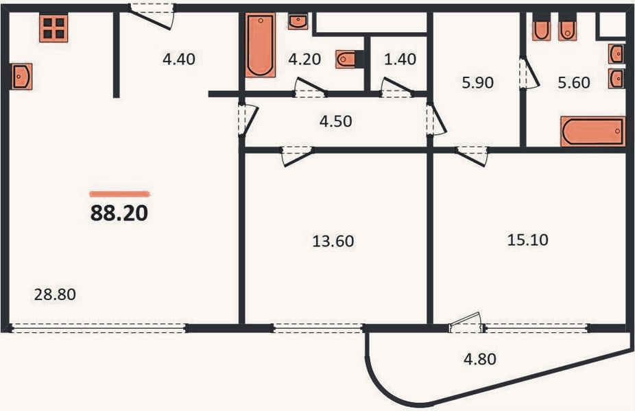 Планировка: 2-к, 88,2 м²