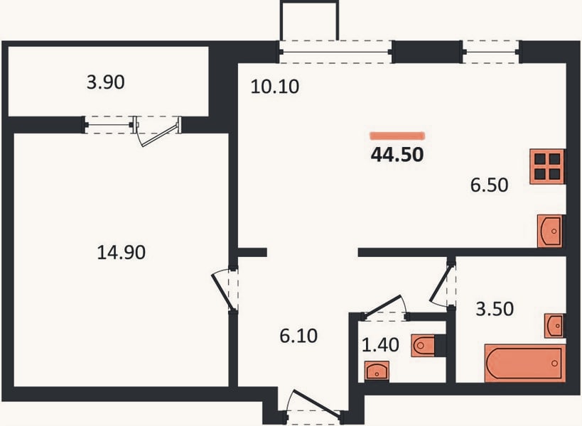Планировка: 1-к, 44,5 м²