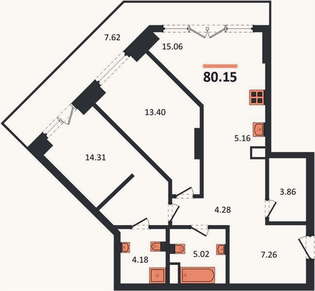 Планировка: 2-к, 80,2 м²