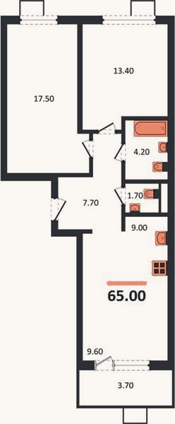 Планировка: 3-к, 65 м²