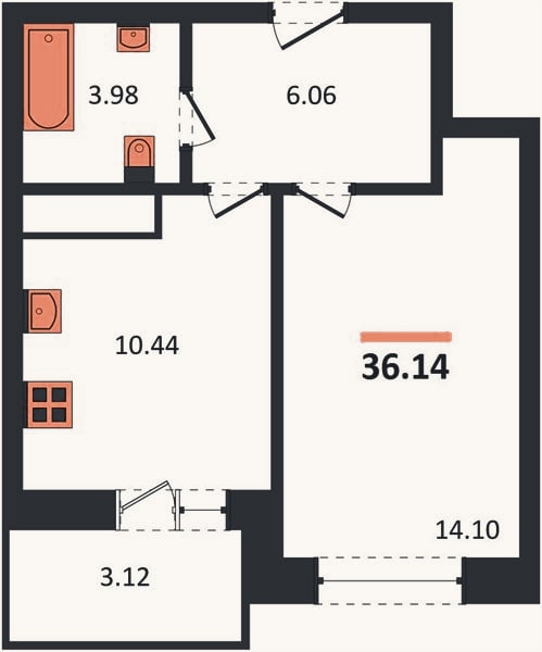 Планировка: 1-к, 36,1 м²