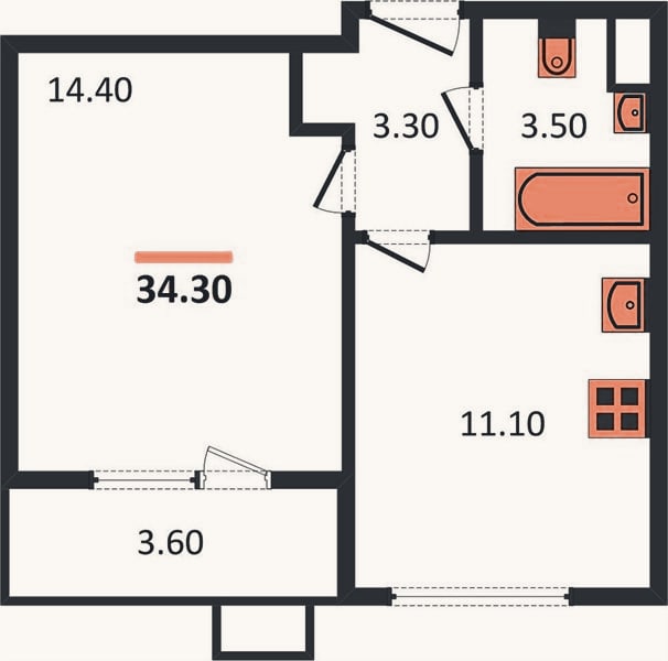 Планировка: 1-к, 34,3 м²