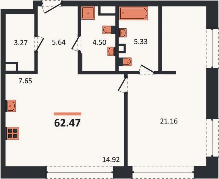 Планировка: 1-к, 62,5 м²