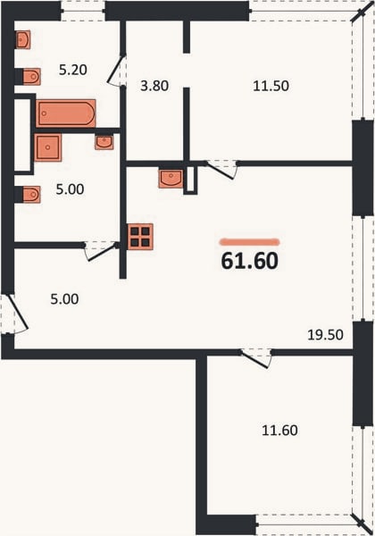 Планировка: 2-к, 61,6 м²