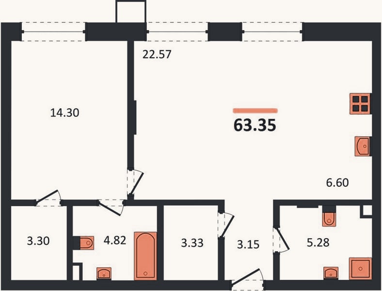 Планировка: 1-к, 63,4 м²