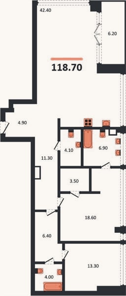 Планировка: 2-к, 118,7 м²