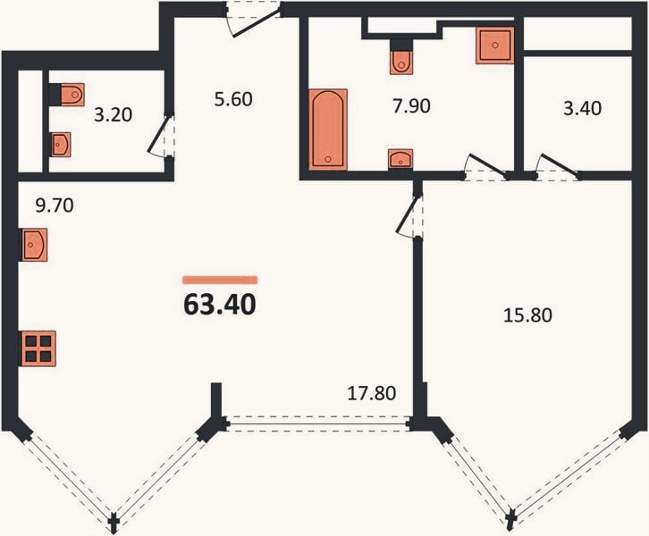 Планировка: 1-к, 63,4 м²