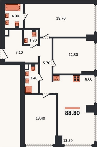 Планировка: 3-к, 88,8 м²