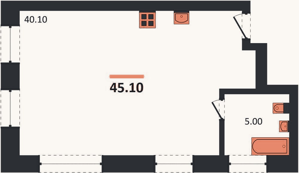 Планировка: Студия, 45,1 м²