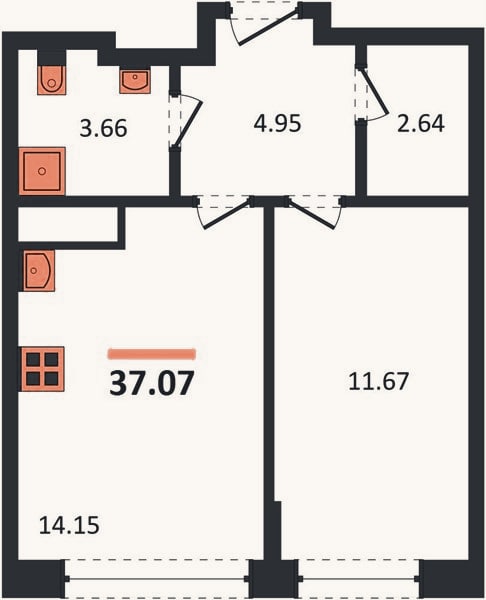 Планировка: 1-к, 37,1 м²