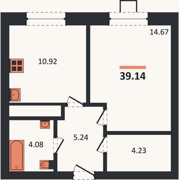Планировка: 1-к, 39,1 м²