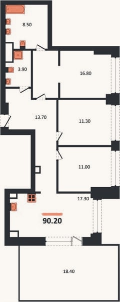 Планировка: 3-к, 90,2 м²