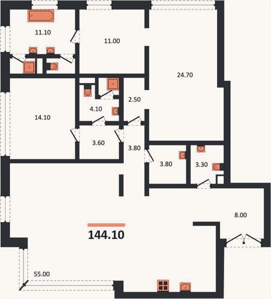 Планировка: 2-к, 144,1 м²