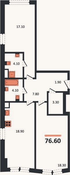 Планировка: 2-к, 76,6 м²