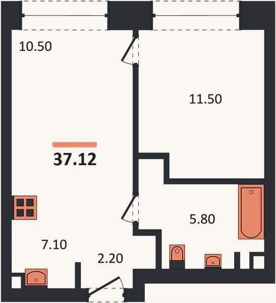 Планировка: 1-к, 37,1 м²