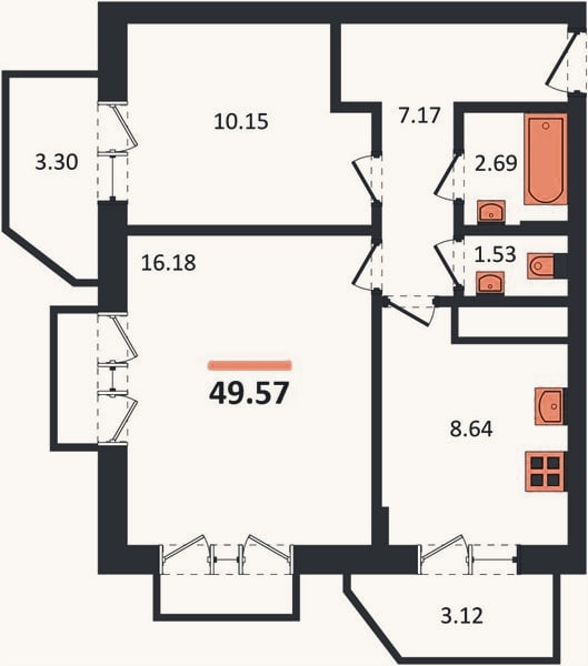 Планировка: 2-к, 49,6 м²