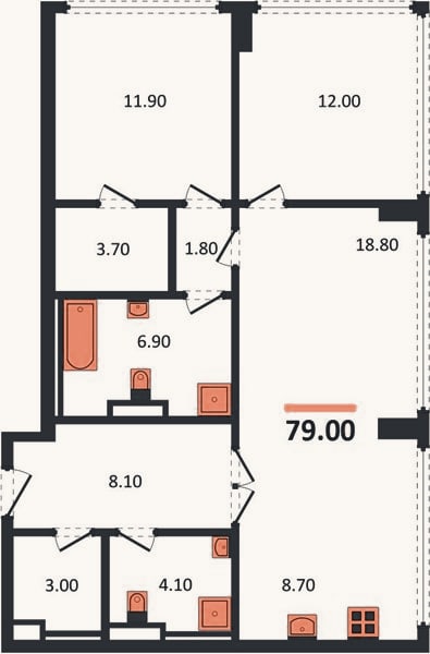 Планировка: 2-к, 79 м²
