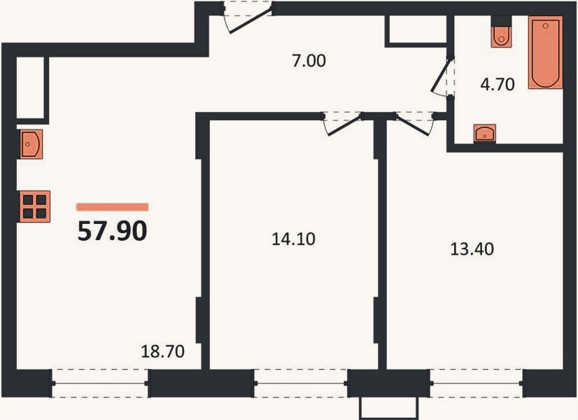 Планировка: 2-к, 57,9 м²