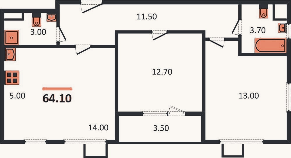 Планировка: 2-к, 64,1 м²