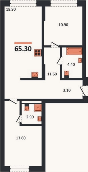 Планировка: 2-к, 65,3 м²