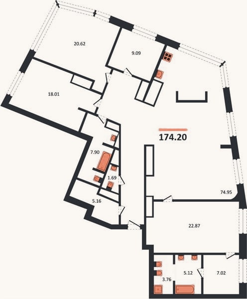 Планировка: 3-к, 174,2 м²