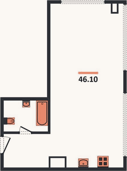 Планировка: 1-к, 46,1 м²